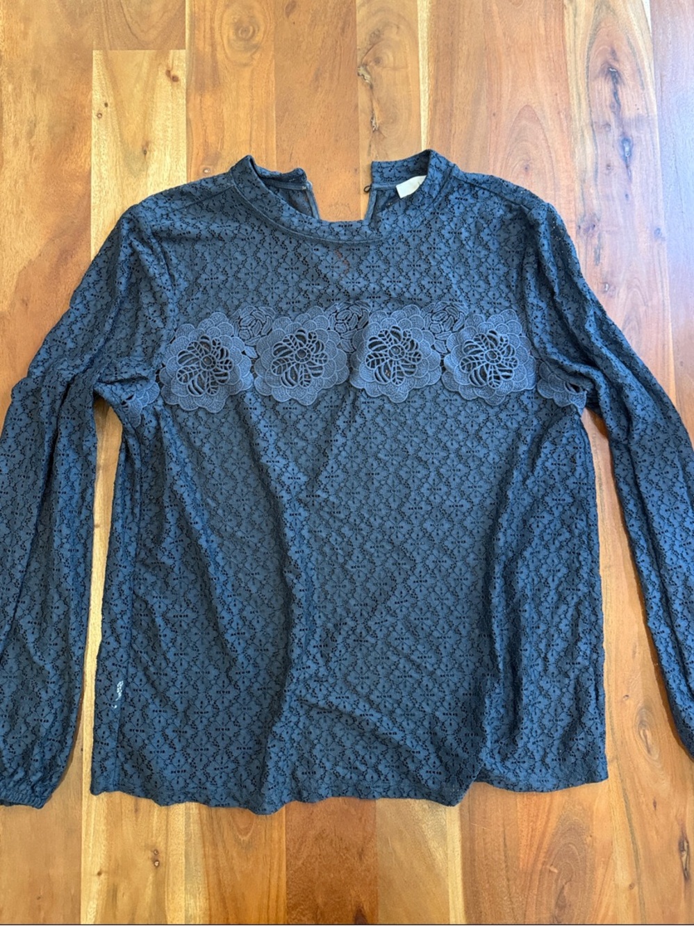 LOFT Navy Lace Floral-Trim Long Sleeve Blouse
